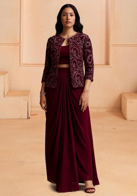 Maroon Sequin Embellished Jacket Georgette Fusion Set