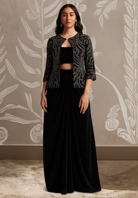 Black Sequin Embellished Jacket Georgette Fusion Set
