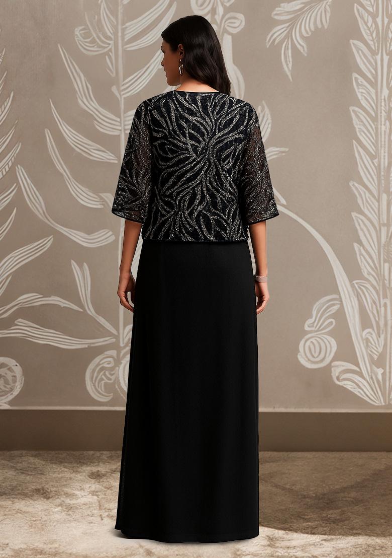 Black Sequin Embellished Jacket Georgette Fusion Set - Indya