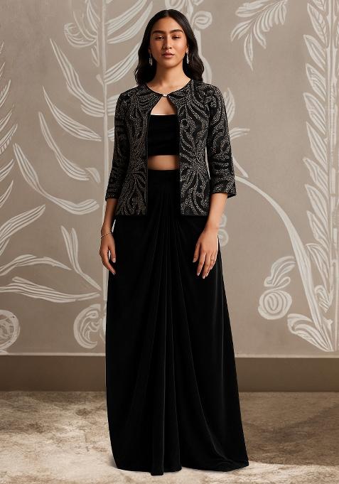 Black Sequin Embellished Jacket Georgette Fusion Set