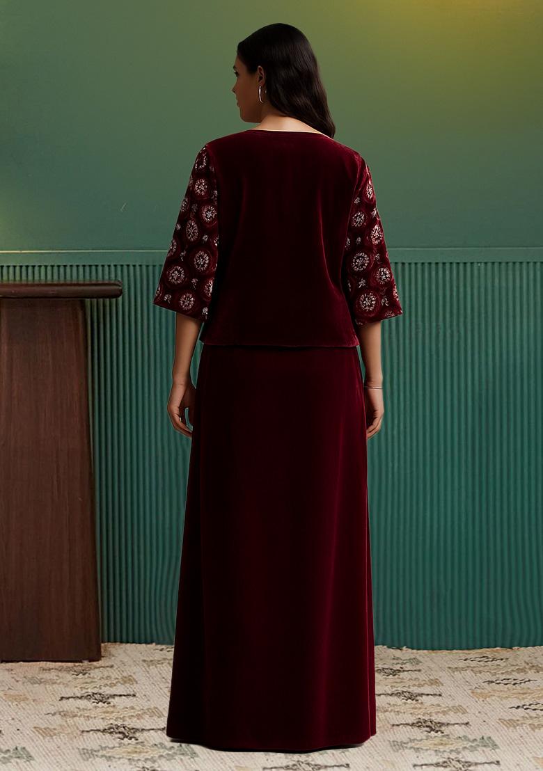 Maroon Sequin Embellished Jacket Georgette Fusion Set - Indya