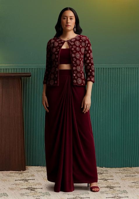 Maroon Sequin Embellished Jacket Georgette Fusion Set