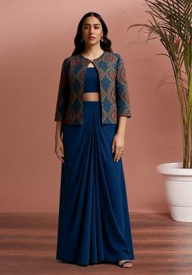 Blue Printed Jacket Georgette Fusion Set