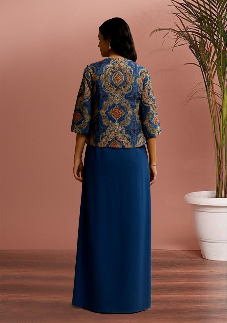 Blue Printed Jacket Georgette Fusion Set - Indya