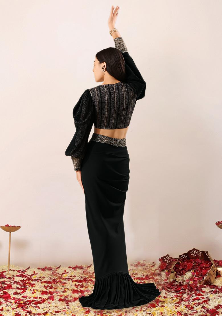 Black Self Design Georgette Fusion Set - Indya