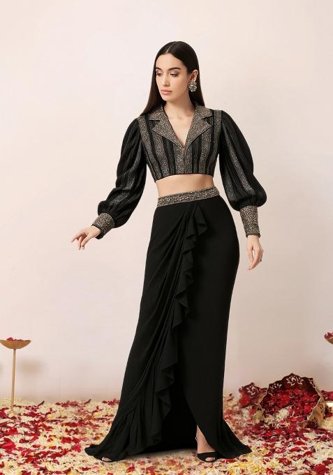 Black Self Design Georgette Fusion Set