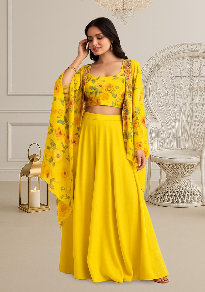 Yellow Printed Georgette Fusion Set - Indya