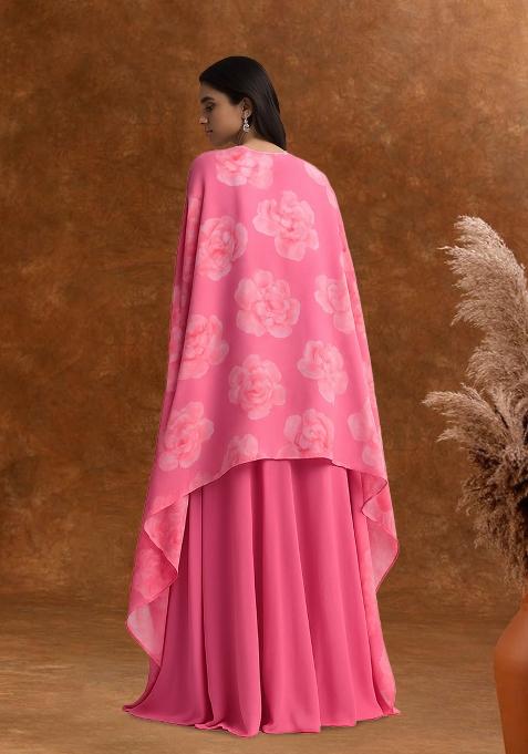 Pink Printed Georgette Lehenga Set