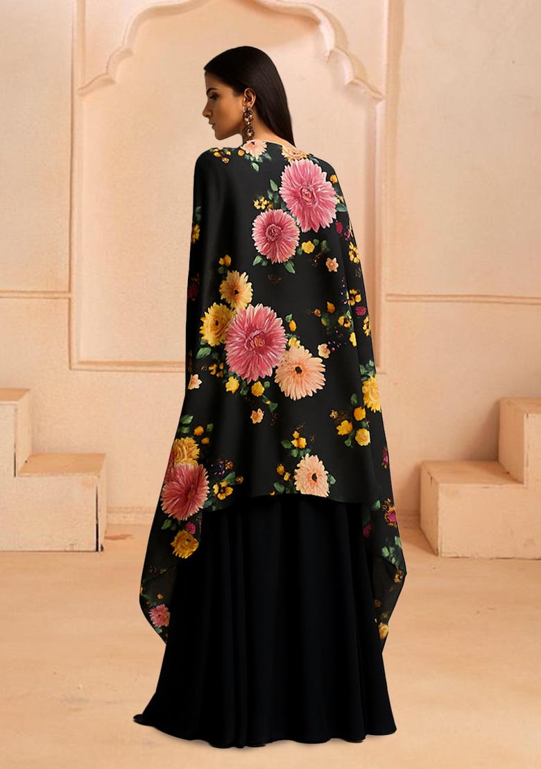 Black Printed Georgette Lehenga Set