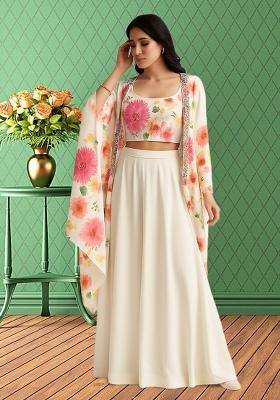White Printed Georgette Fusion Set