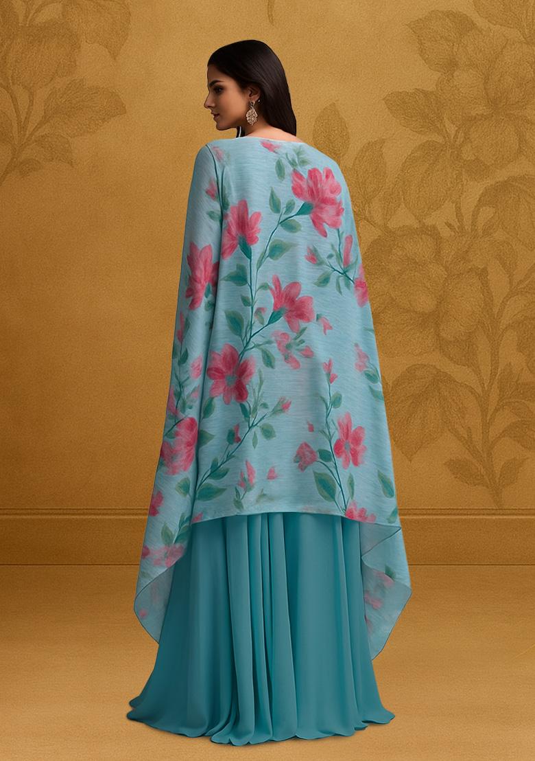 Sea Blue Printed Georgette Fusion Set - Indya