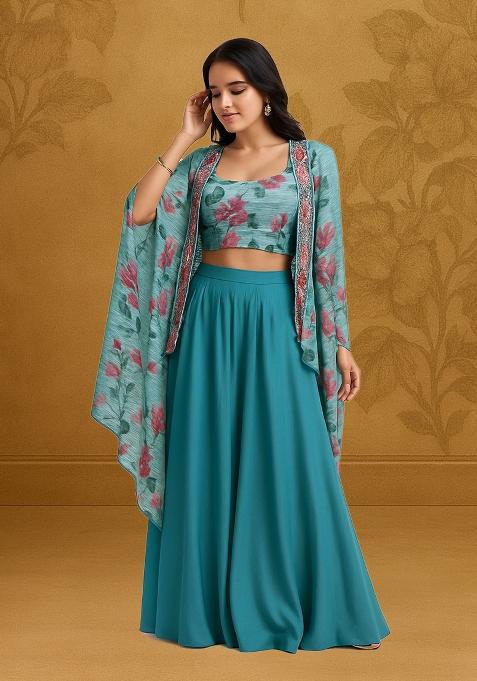 Sea Blue Printed Georgette Lehenga Set