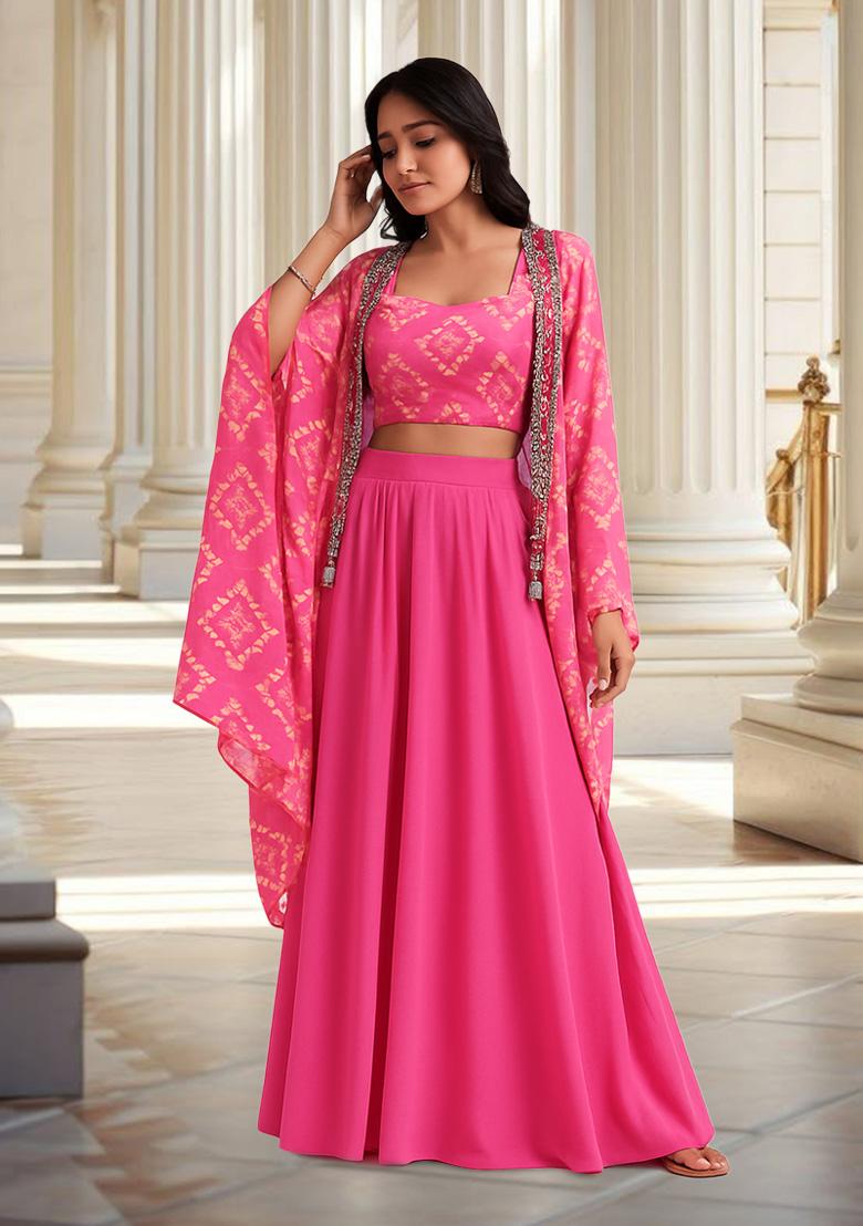 Pink Printed Georgette Lehenga Set