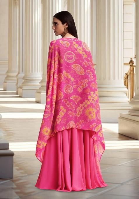 Pink Printed Georgette Lehenga Set