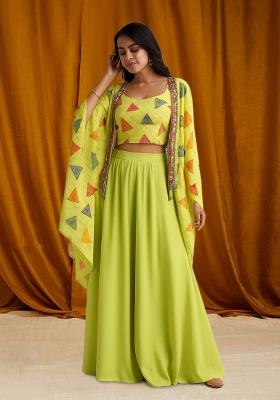 Lemon Yellow Printed Georgette Fusion Set