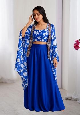 Blue Printed Satin Fusion Set