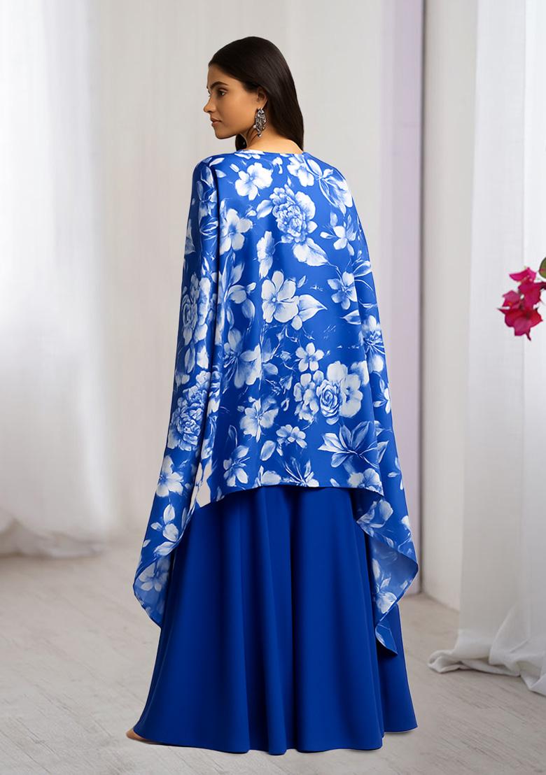Blue Printed Satin Fusion Set - Indya