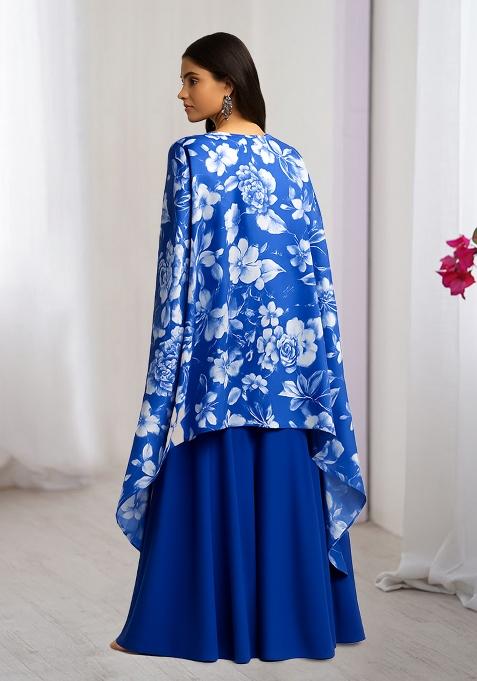 Blue Printed Satin Lehenga Set