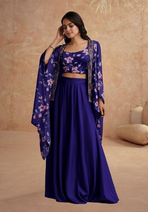 Violet Printed Satin Lehenga Set