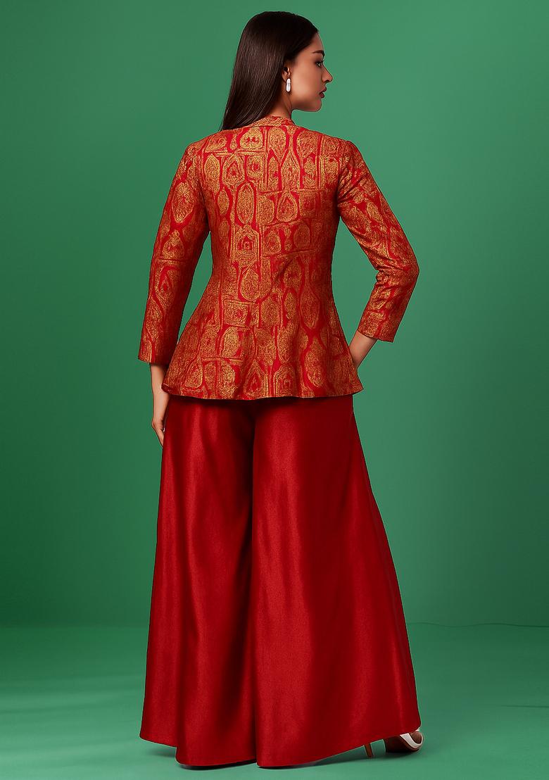 Red Jacquard Fusion Set - Indya