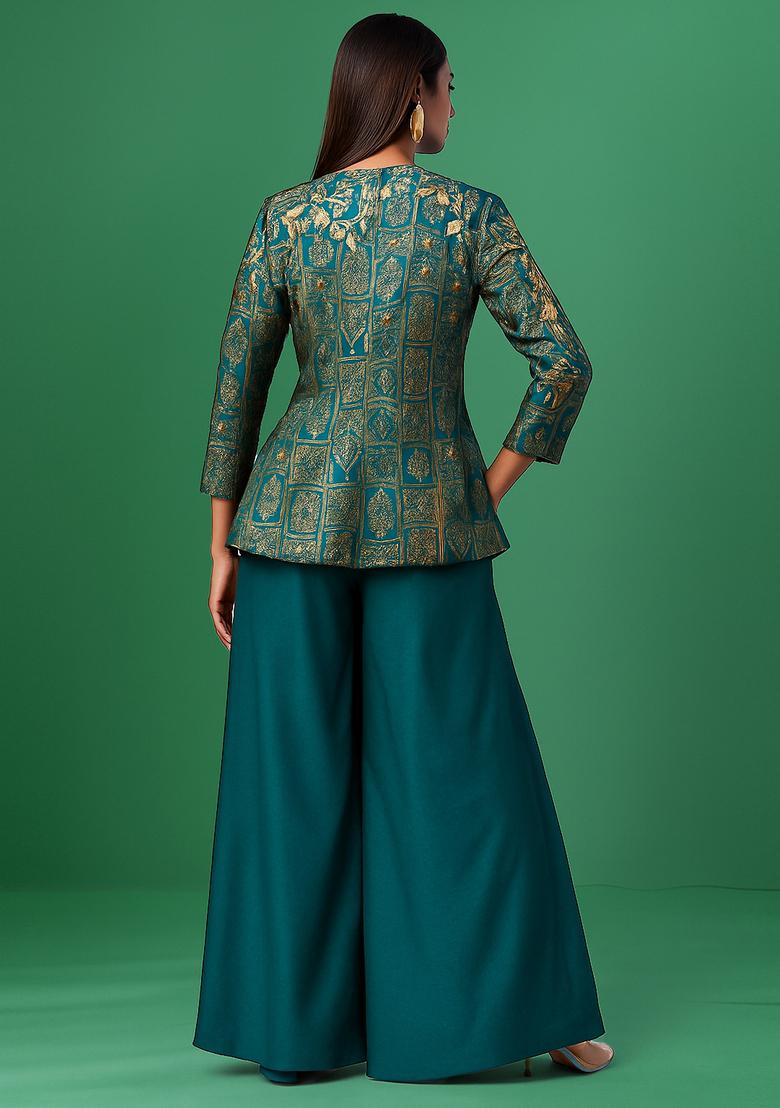 Turquoise Blue Jacquard Fusion Set - Indya