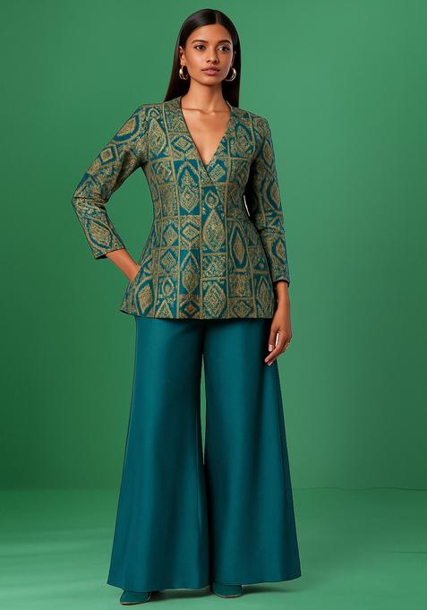 Turquoise Blue Brocade Fusion Set
