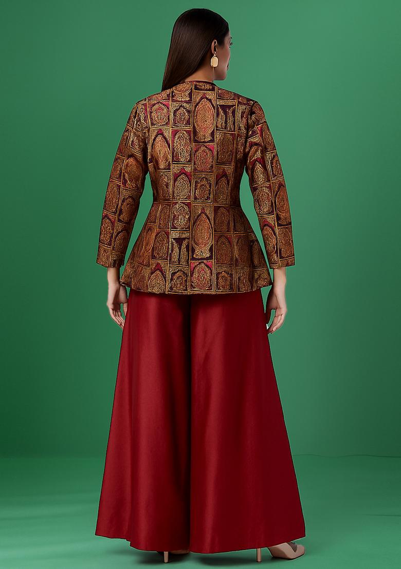 Maroon Jacquard Fusion Set - Indya