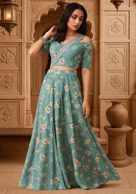 Blue Printed Polyester Sharara Set
