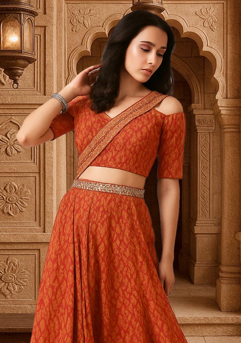 Orange Printed Fusion Set - Indya