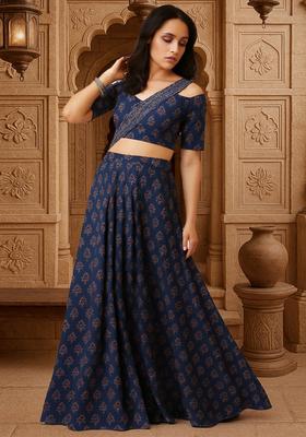 Blue Printed Silk Fusion Set