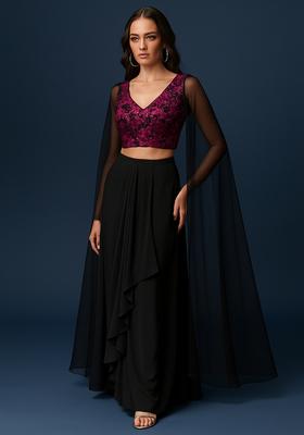 Black And Pink Embroidered Georgette Crop Top Skirt Set