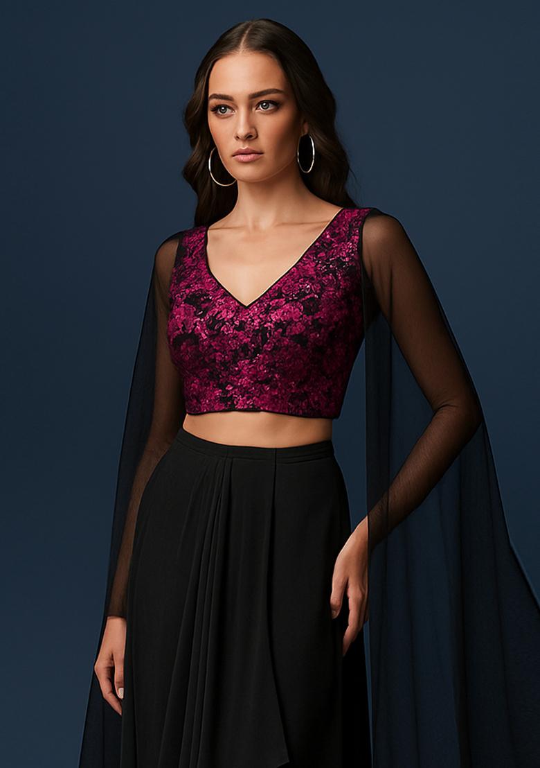 Black And Pink Embroidered Georgette Crop Top Skirt Set