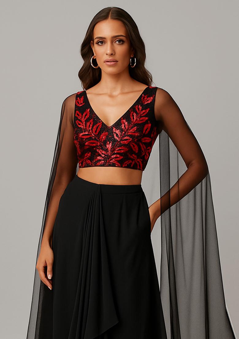 Black And Red Embroidered Georgette Fusion Set - Indya