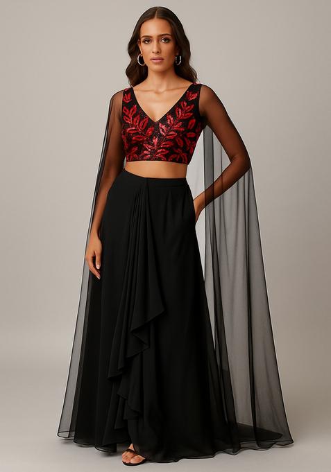 Black And Red Embroidered Georgette Fusion Set