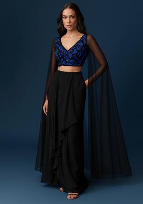 Black And Blue Embroidered Georgette Fusion Set