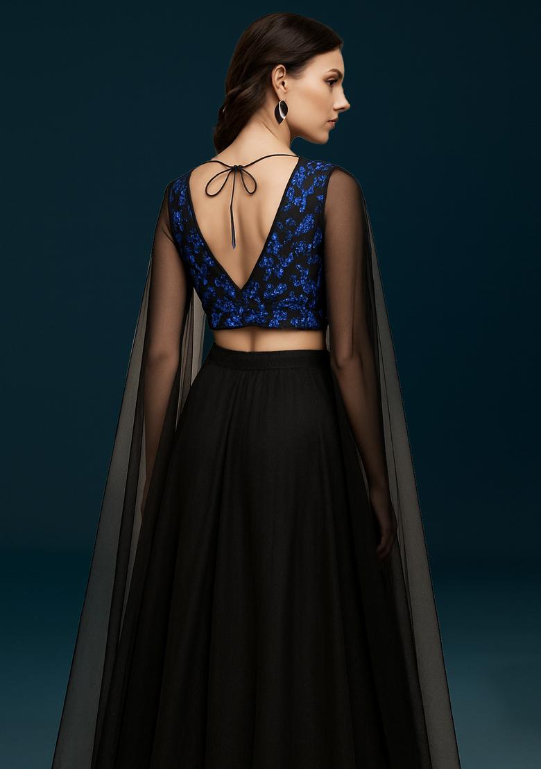 Black And Blue Embroidered Georgette Fusion Set - Indya