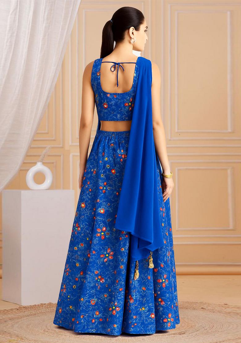 Blue Printed Satin Fusion Set - Indya