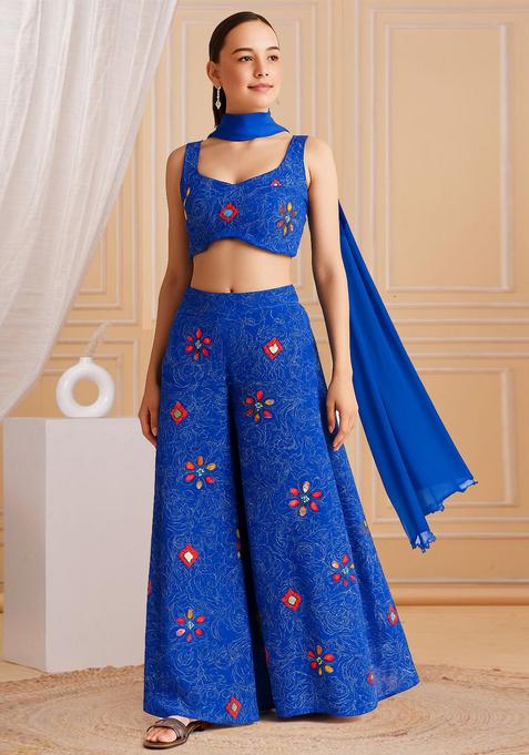 Blue Printed Satin Fusion Set