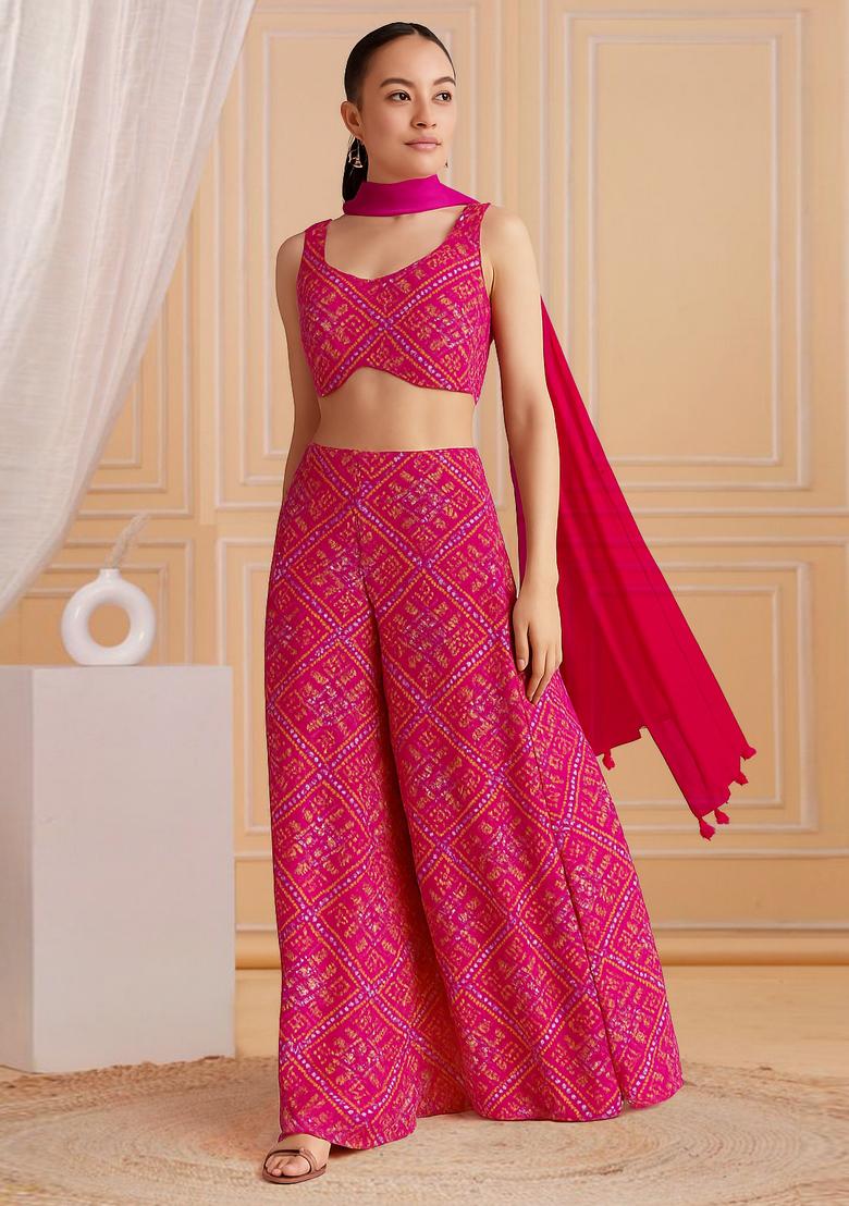 Pink Printed Satin Fusion Set - Indya