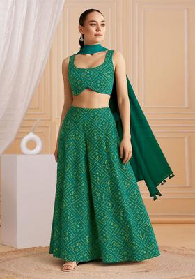 Green Printed Satin Fusion Set