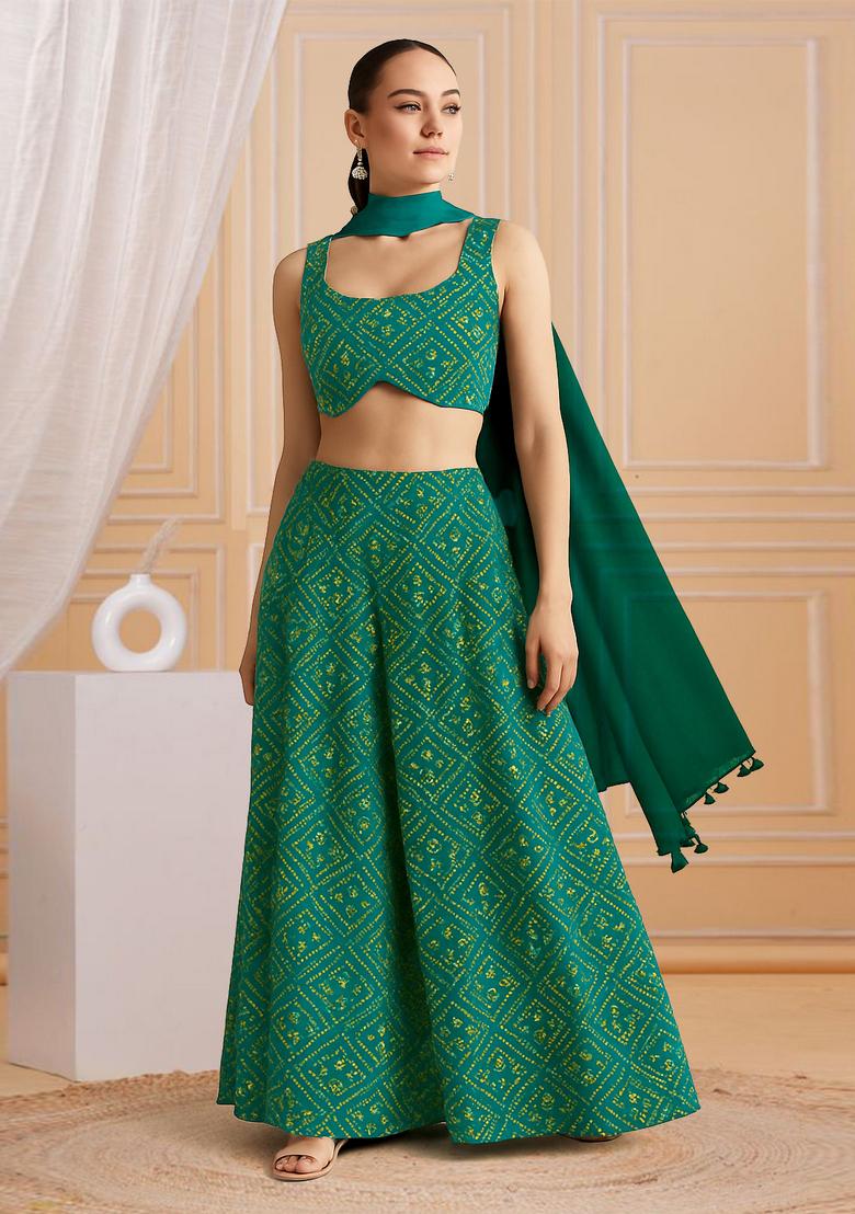 Green Printed Satin Fusion Set