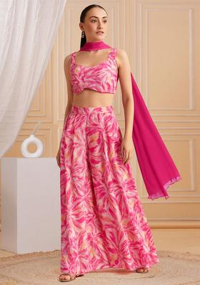 Pink Printed Satin Fusion Set