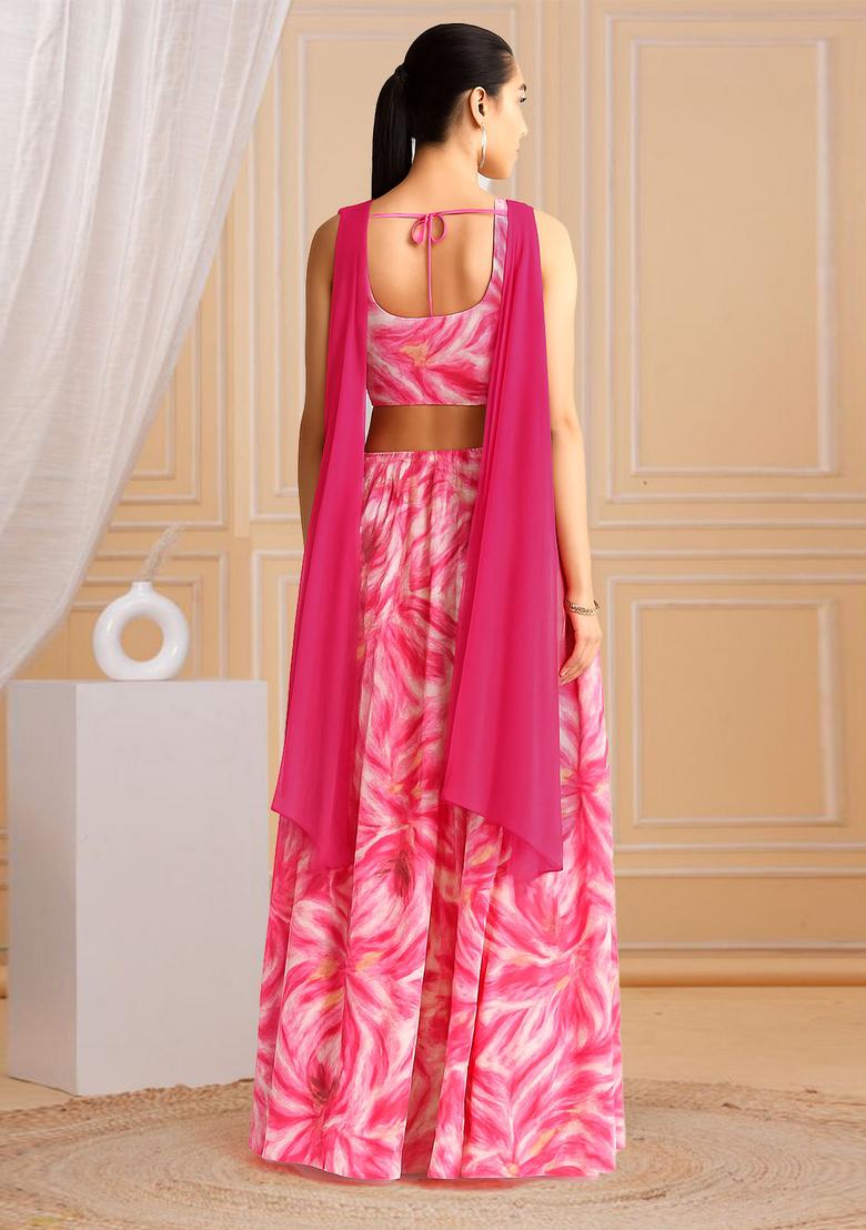 Pink Printed Satin Fusion Set - Indya
