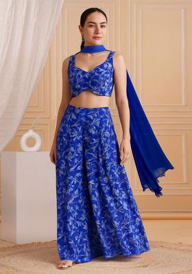 Blue Printed Satin Fusion Set