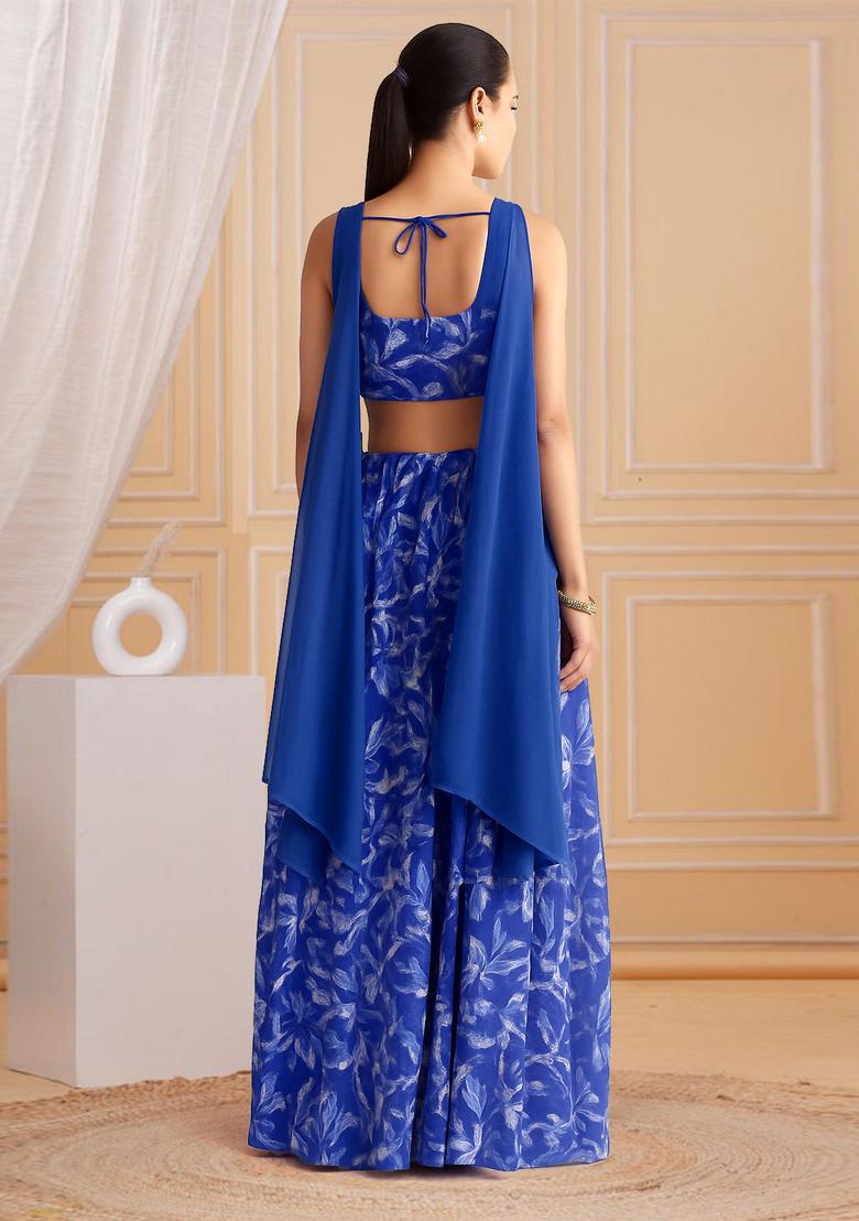 Blue Printed Satin Fusion Set - Indya