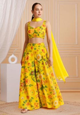 Yellow Printed Georgette Fusion Set