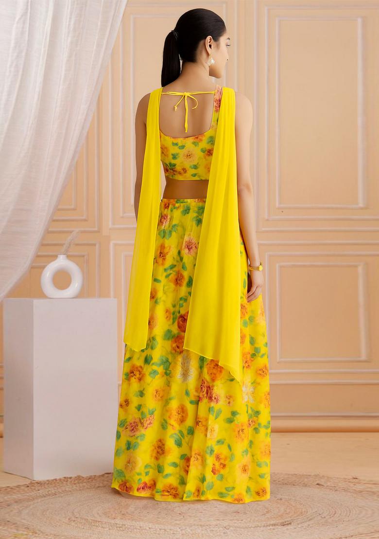 Yellow Printed Georgette Fusion Set - Indya