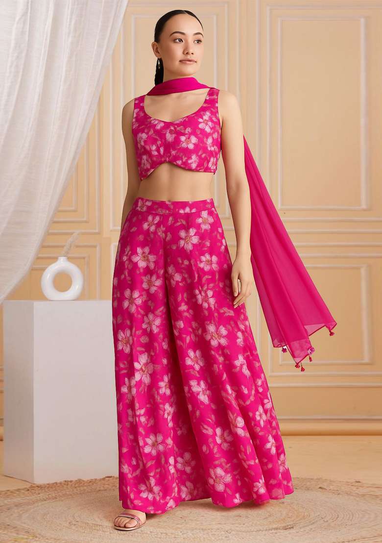 Pink Printed Crepe Fusion Set - Indya