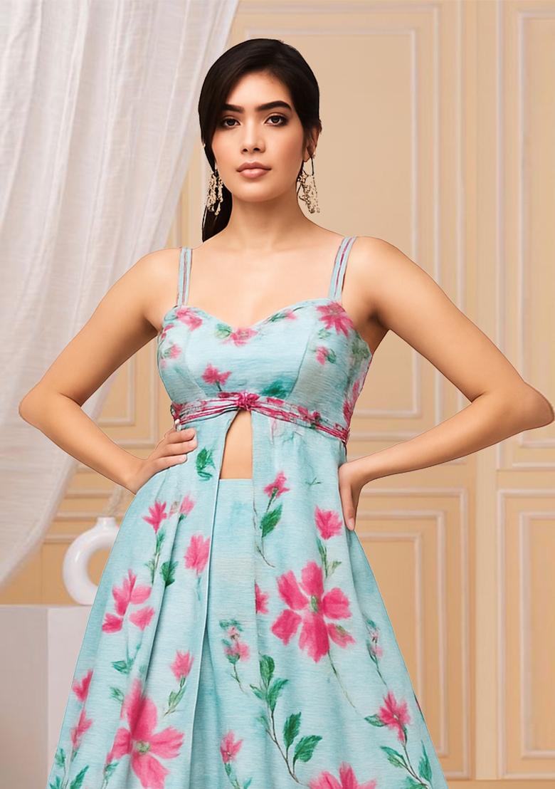 Light Blue Printed Georgette Lehenga Set - Indya