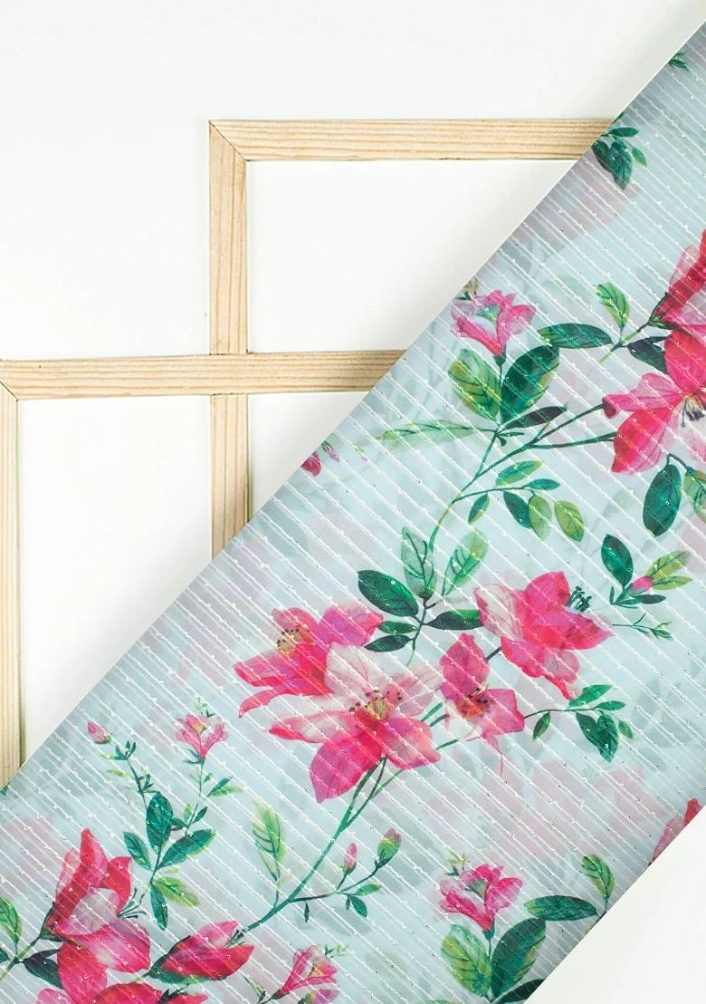 Light Blue Printed Georgette Lehenga Set - Indya